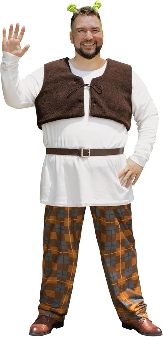 Men 6 Pcs Swamp Creature Costume Halloween Green Shirt Set Vest Pants Belt Headband Makeup (XL)