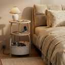 Round Side Table with Charging Station, USB Type C Port, Oak | End Table with Power Outlet,15.75 in Small Round Table with Basket, Space Saving, 3-Tier Small Table for Bedside, Sofa, 15.75" Dia with Power Strip