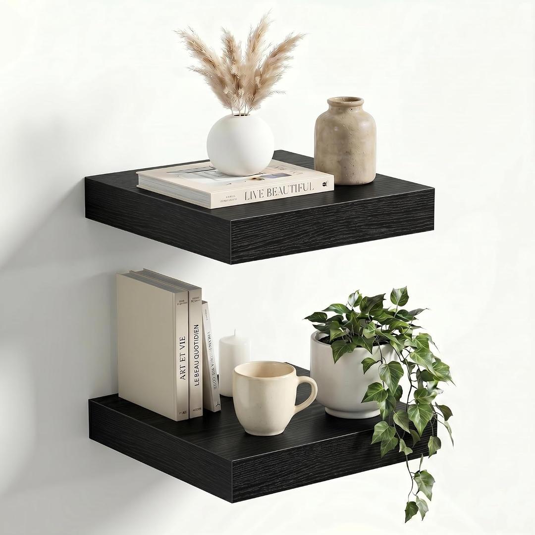 Fun Memories Corner Shelf Wall Mount Set of 2 - Solid Oak Wood Floating Corner Shelf with Cable Hole, 8.5in Rustic Design for Bedroom, Living Room, Kitchen (Black)