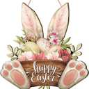 Barydat 1 Pcs Easter Wreaths for Front Door Bunny Welcome Wood Sign Door Hanger Spring Decorations Easter Hanging Plaque Rabbit Sign Decorations for Home Shop Garden (17 Inch)