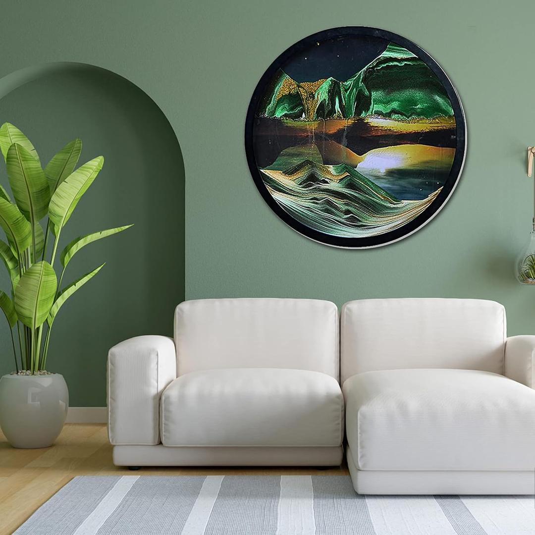 Wall Mount Moving Sand Art, 17.3'' Wall Mounted Rotate Sculpture 3D Deep Sea Sandscape Moving Display Round Glass Sandscape Moving Flowing Sand Frame, Wall Art Decor for Home Office