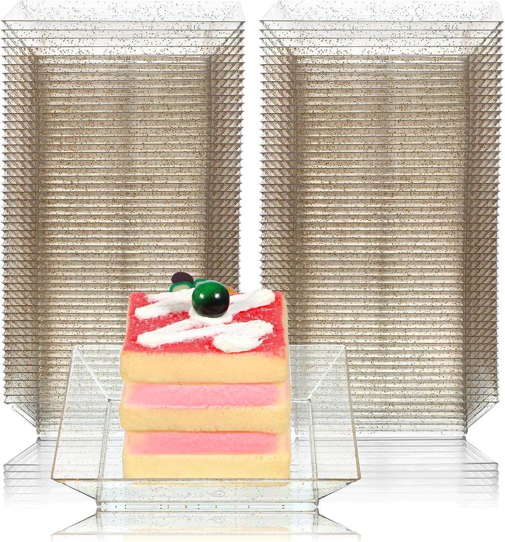 100 Pcs Clear Plastic Dessert Plates 3.6 Inch Mini Dessert Plates Salad Tasting Sample Plate Dish Disposable Mini Plastic Tray for Dessert Sauce Fruit Parties Wedding (Gold Clear)
