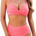 ZAFUL Women High Waisted Bikini Sets Two Piece Swimsuit Push Up Twist Front Ruched Bathing Suit (Pink, L)