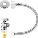 1 Pack Complete Toilet Valve Set, Includes 1/2'' Nom Inlet x 3/8'' OD Compression Outlet Angle Shut Off, 7/8" BC x 3/8" COMP Toilet Water Supply Line, Escutcheon Plate, Sealing Tape (16 Inch)