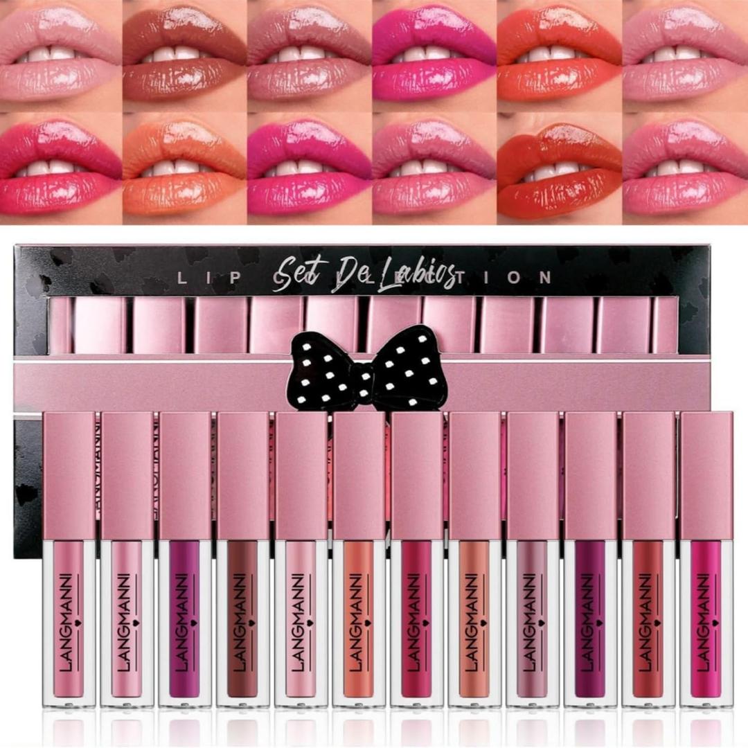 Set of 12 Lip Gloss Lip Gloss Long Lasting Waterproof Non-Adhesive Cup Moisturizing Liquid Lipstick Shimmer Tinted Lips Makeup Gift Set
