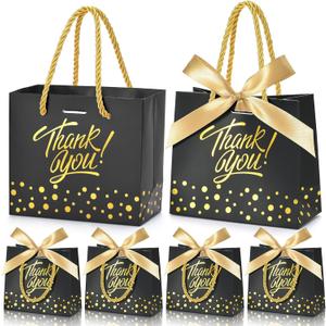 EQOREIIN Small Thank You Gift Bags 50pcs 5.5x2.5x4.7 Inches Small Gift Bags with Handles Bow Ribbon Black Paper Bags for Party Favor, Mother's DayValentine's Day, Wedding, Baby Shower (Black)