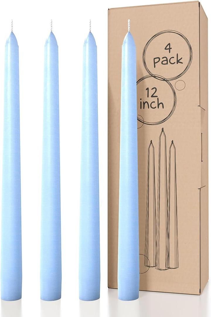 CANDWAX 12 inch Taper Candles Set of 4 - Dripless and Smokeless Candle Unscented - Slow Burning Candle Sticks - Light Blue Candles Taper