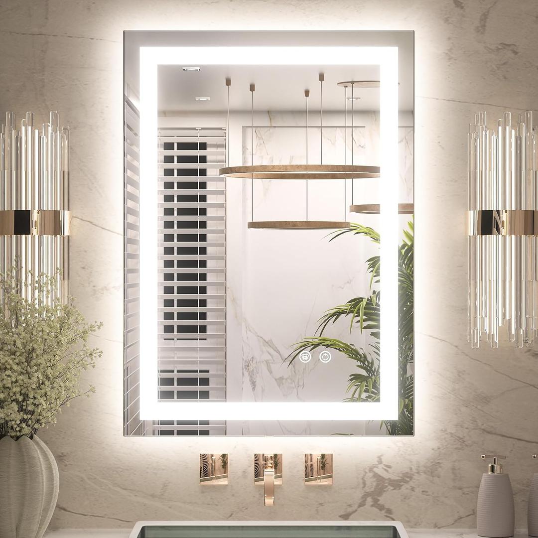 Keonjinn LED Mirror for Bathroom 22 x 30 Inch, Frontlit & Backlit Bathroom Vanity Mirror with 3 Color Lights, Lighted Bathroom Mirror with Anti-Fog, HD Tempered Glass, UL-Listed LED Driver, CRI90+