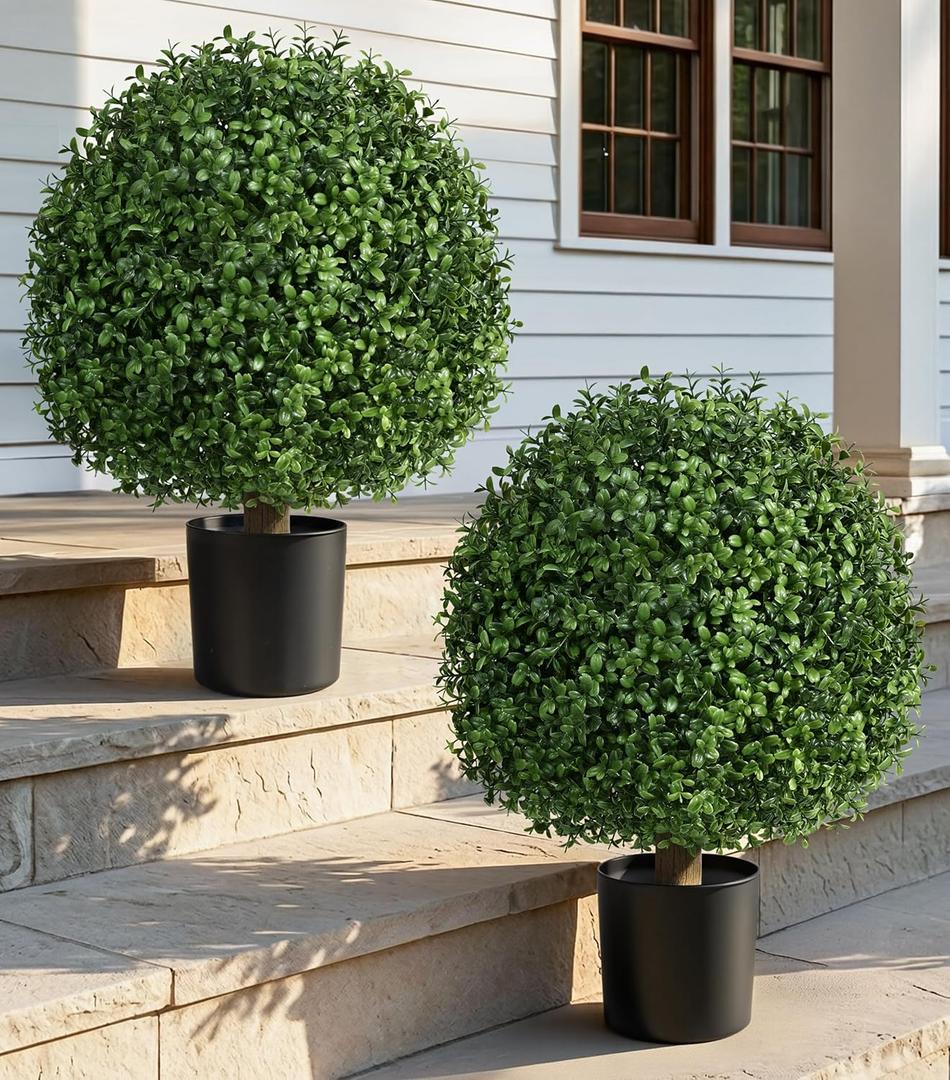DREAMLOOM Boxwood Topiary Trees Artificial Outdoor Ball in Planter, 20in Outdoor Indoor Realistic Fake Plants Shrubs for Front Porch Decor, Faux Bushes Plants for Home Front Door Offices, Set of 2