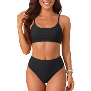 Tempt Me Women High Waisted Bikini Set Athletic Two Piece Swimsuits Sporty High Cut Bathing Suit with Scoop Neck (Black, Small)