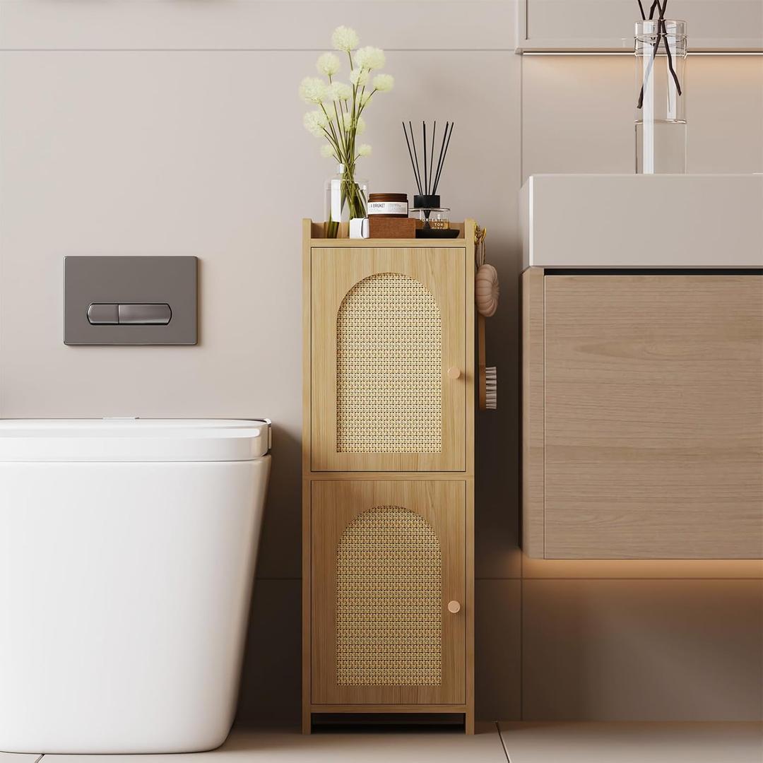 Arbuxzuy Rattan Bathroom Storage Cabinet,Corner Floor Cabinet with 2 Doors and Adjustable Shelf, Narrow Toilet Paper Cabinets with 2Hooks,Toilet Organizer for Small Spaces,7.87"D*9.84"W*29.72"H Oak