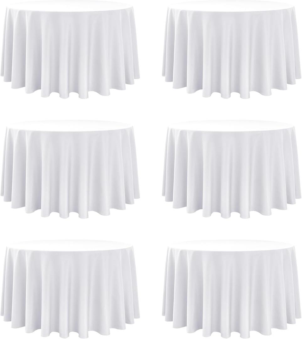 6-Pack White Round Tablecloths, 120 Inches, Stain-Resistant Polyester for 5-6 Ft Round Tables - Washable Table Covers for Weddings, Banquets, Birthday, Parties, Events