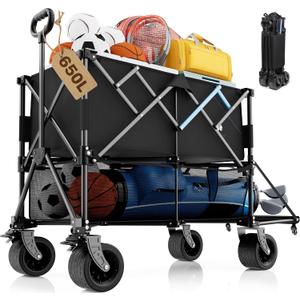 Homebetta 52" Heavy Duty Double-Layer Wagon with Brakes,560LBS Double Decker Wagon,650L Collapsible Wagons Carts with All-Terrain Big Wheels for Sports,Camping,Fishing,Transport