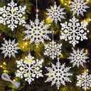 36Pcs White Glitter Snowflake Decorations Christmas Ornaments, Hanging Plastic Snow Flakes Ornaments with Silver Rope for Christmas Tree Decorations, Winter Wonderland Party Supplies