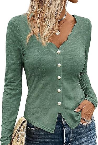 Women Sweetheart Neckline Tops Button Down Elegant Long Sleeve Scallop Pearl Hem Slim Fit Shirts Fall Fashion, Size XXL