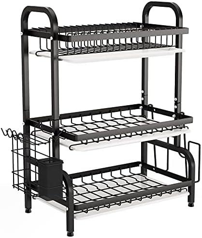 1Easylife Drying Rack, Metal 3-Tier Large Capacity Dish Rack with Utensil Holder, Cutting Board Holder, Drain Board Tray for Kitchen Counter Storage (Black)