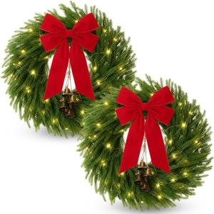 2 Pack 22 Inch Pre-Lit Christmas Wreath Norfolk Pine Wreath with Velvet Bow and Bells Realistic Greenery Holiday Decoration for Front Door Indoor Outdoor Christmas Decor (Red)