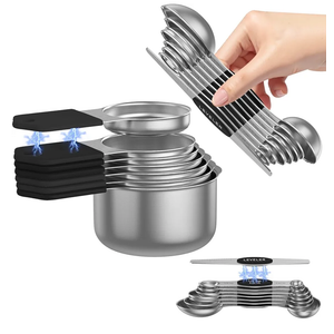 Magnetic Measuring Cups and Spoons Set - 304 Stainless Steel | Dual-sided Design | Set of 15 with Leveler | Strong N52 Magnetic Nesting