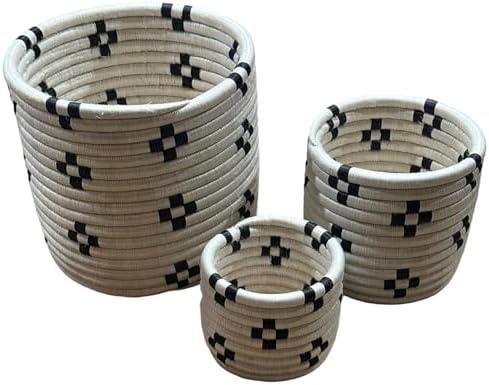 Handwoven African Planter Baskets (Set of 3) Sisal basket for Indoor Plant Pots Vase Home decor Storage Organizer Zen Designs Arts and Crafts (Natural and Black)