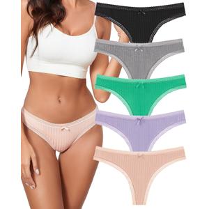 KNITLORD Super Soft Women's Thongs Lace Underwear Breathable Viscose Panties Sexy No Show Undies 5 Pack
