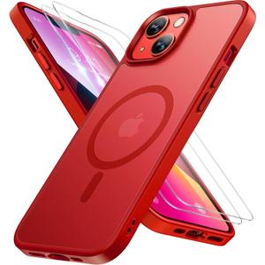 Miracase Magnetic for iPhone 14 Case 6.1 inch (Compatible with MagSafe)with 2X Screen Protectors Military-Grade Protection, Anti-Fingerprint Translucent Matte Phone Case Cover, Red