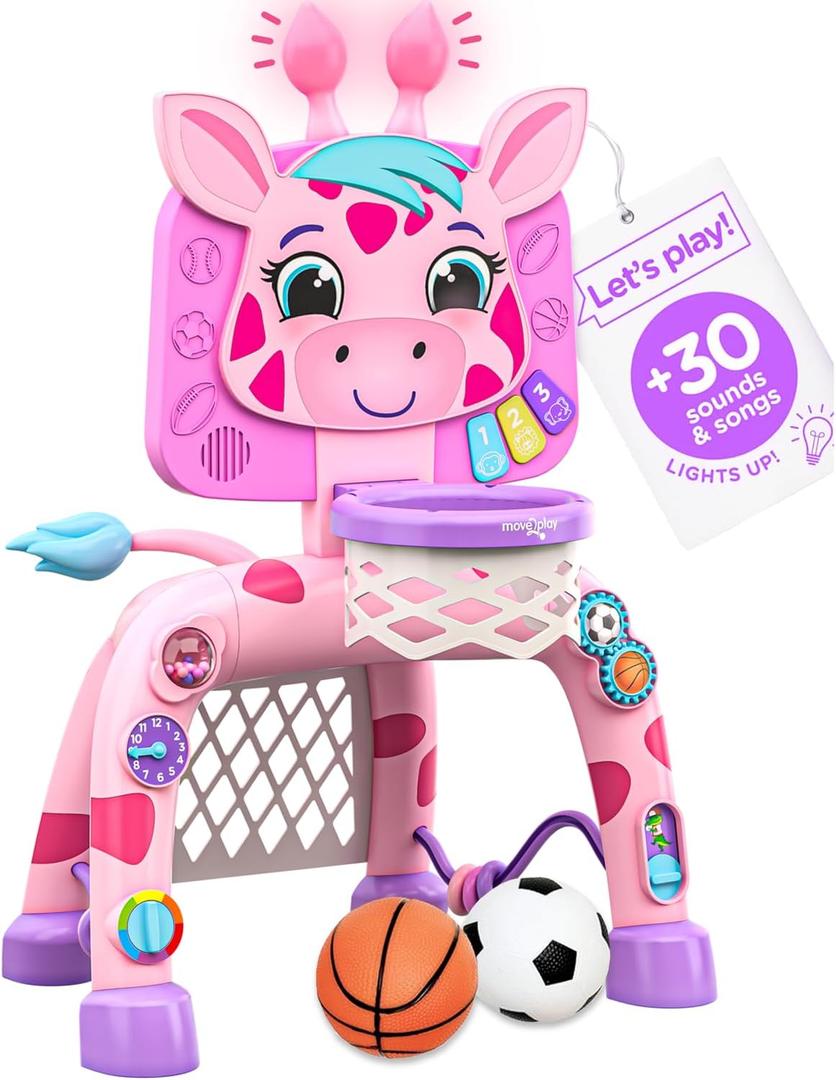 Move2Play, Giraffe Basketball Hoop & Soccer Goal Activity Center | 30+ Sounds & Lights | 1, 2, 3+ Year Old Gift & Birthday Present | 6, 12, 18, 24+ Month Toy For Baby, Toddler, Boys, & Girls (Pink)