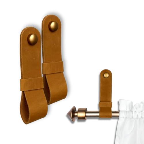 EvenWood 2 Pc Minimalist Design Leather Curtain Rod Bracket - Easy to Install Set of Universal Wall Hanging Strap Curtain Rod Holders with Screws and Plastic Wall Plugs - 4.8" x 1.2" (Tan)