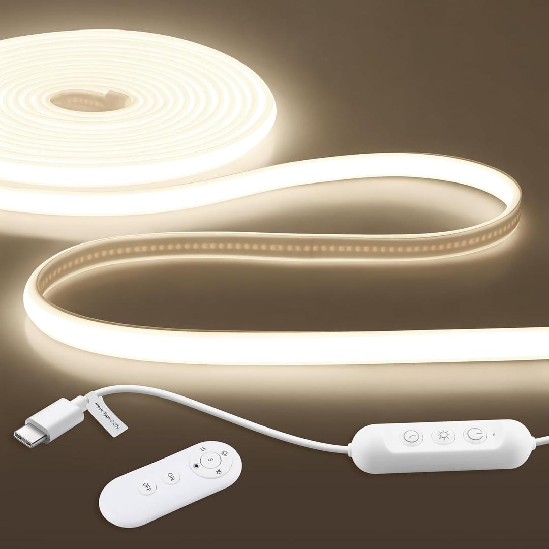 ALITOVE LED Strip Lights Waterproof 4000K Natural White 20V USB Type-C COB LED Strip Light 16.4ft Bright Dimmable Neon Lights with Remote for Indoor Outdoor Office Home RV Camping(No Power Adapter)