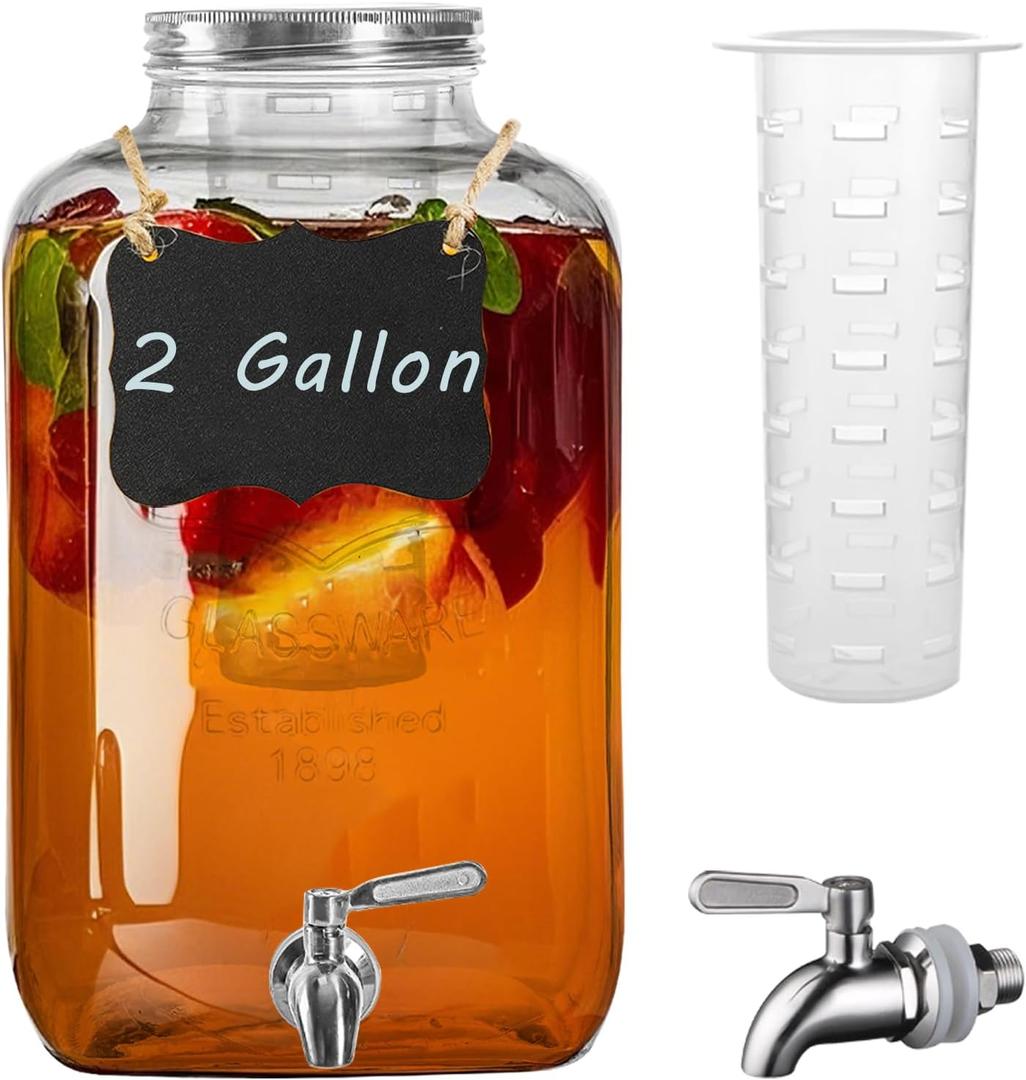 Galssmagic 2 Gallon Glass Drink Dispenser with Stainless Steel Spigot,1 Pack Glass Beverage Dispenser Water Lemonade Dispensers for Parties