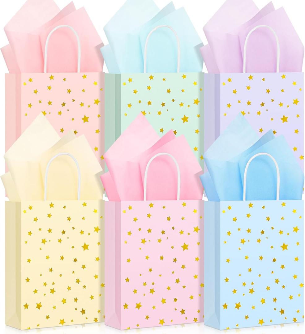 Pajean 24 Pack Star Party Favor Bags Gift Bags with Handle Colorful Paper Star Goodie Bag Kraft Goodies Treat Bag with Tissues for Birthday Baby Shower Wedding Party Favors Supplies