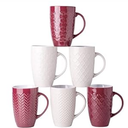 AmorArc Extra Large Coffee Mugs Set of 6, 20oz Ceramic Tall Coffee Mugs Set with Textured Geometric Patterns for Coffee/Tea/Beer/Hot Cocoa, Dishwasher & Microwave Safe, 3- Beige, 3- Dark Red