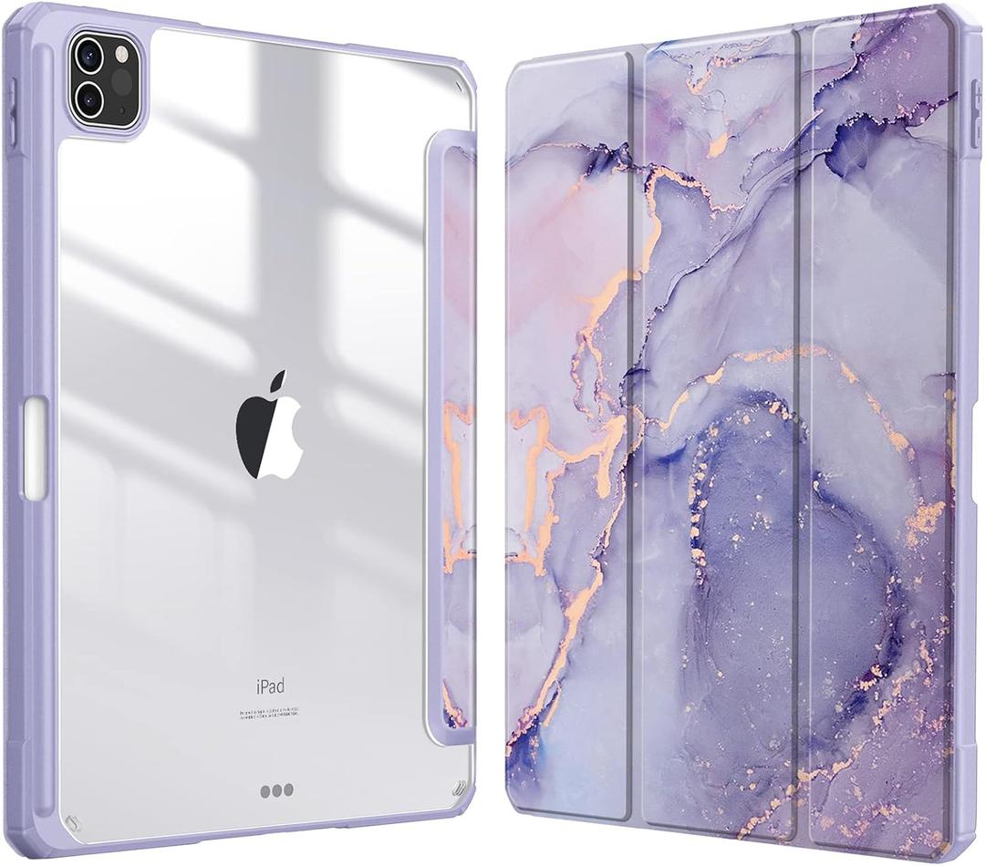 Fintie Hybrid Slim Case for iPad Pro 11-inch (4th / 3rd Generation) 2022/2021 - [Built-in Pencil Holder] Shockproof Cover w/Clear Transparent Back Shell, Also Fit iPad Pro 11" 2nd Gen, Lilac Marble