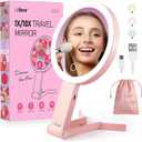LitBear Travel Makeup Mirror with Lights, Rechargeable Double-Sided 10X/1X Magnifying Mirror, Portable Lighted Beauty Mirror, 3 Color Lighting, Dimmable Touch Screen, Tabletop Handhold Hanging (Pink)