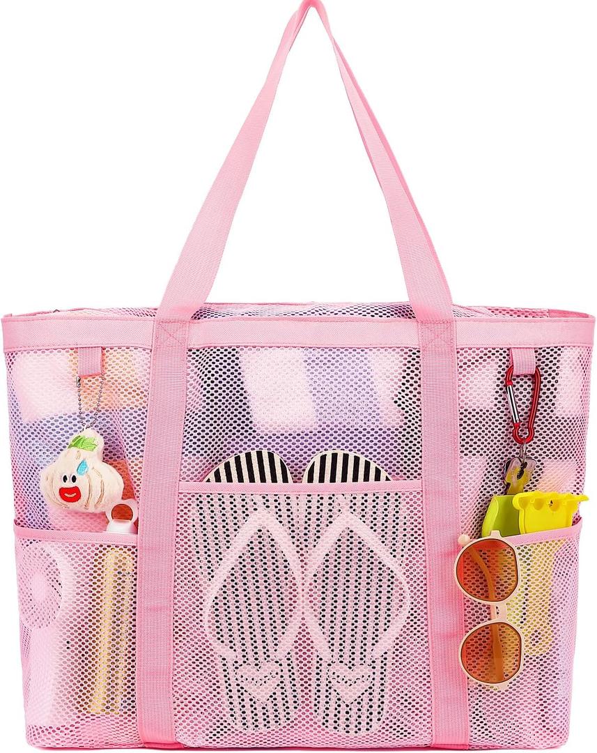 Fammart Mesh Beach Bag with Zipper, Large Beach Tote for Women, Toys Pool Swim Bag Travel Vacation Cruise Essentials