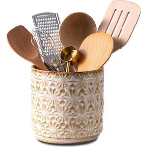 Utensil Holder Rustic Farmhouse Ceramic Utensil Crock for Countertop - 5.3" Handcrafted Kitchen Cooking Utensil Crocks with Cork Base, Natural Finish for Kitchen Tools Storage (Hand Engraved Print Flower)