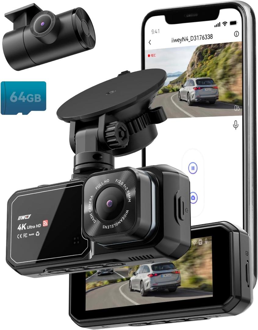 IIWEY 4K Dash Cam Front and Rear for Cars, Dual UHD Camera with WiFi, Free 64GB Card, 3.16" IPS, G-Sensor, Parking Mode, Loop Recording, WDR