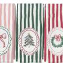 Pink and Green Striped Christmas Kitchen Dish Tea Towels, Coquette Pink Bow Wreath Xmas Tree Decorative Hand Towels for Bathroom Kitchen, Christmas Bathroom Decor, 16x24 Inch Set of 3 (Color-5)