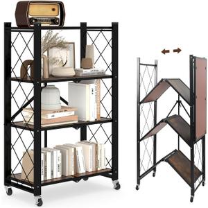 4 Tier Folding Shelf with Wheels, Wood and Metal Bookshelf, no Assembly Foldable Storage Shelves, Vintage Storage Rack for Living Room, Bedroom, and Home Office