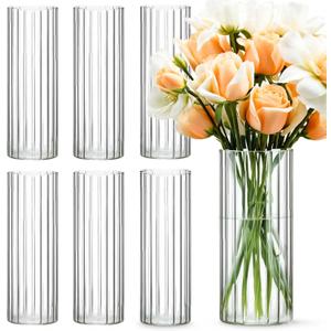 SUREHOME Glass Cylinder Vases for Centerpieces 16 Pcs Clear Ribbed Glass Vase Tall Hurricane Vase 12 Inch Floating Candle Vases Bulk for Flower Home Wedding Formal Dinners Table Centerpiece Decor