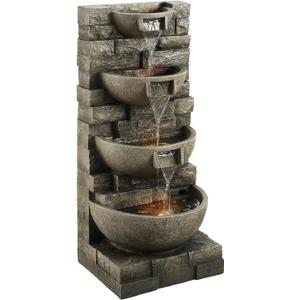 VEVOR Outdoor Water Fountain, 35.63 in Height Fountain and Waterfall, 4-Tier Floor Standing Cascading Fountains with LED Light and Pump, Block Stack Style, for Outdoor Indoor Garden, Patio & Backyard