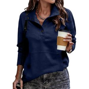 SHEWIN Women's Casual Long Sleeve Stand Neck Sweatshirt Lightweight Button Drawstring Pullover Tops