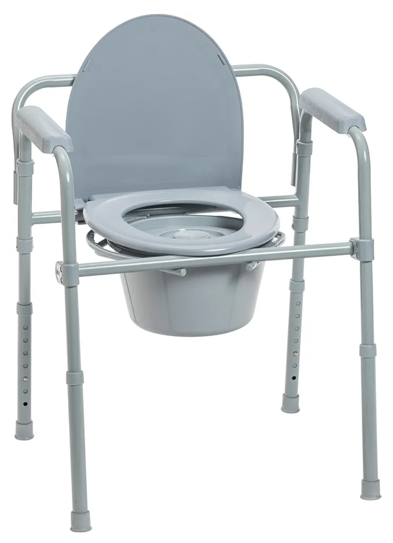 Drive Medical 11148-1 Folding Steel Bedside Commode Chair, Portable Toilet, Supports Individuals Weighing Up To 350 Lbs, with 7.5 Qt. Bucket and 13.5 Inch Seat, Grey