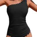 Charmo One Shoulder One Piece Swimsuit Women Ribbed Scalloped Bathing Suit Cutout 1 Piece Slimming Full Coverage Swim Suit (Medium, Black)