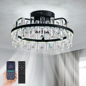 CROSSIO 20" Luxury Crystal Fandelier with Lights and Remote - Modern Black Low Profile Ceiling Fan with Light - Round Caged Flush Mount for Bedroom, Living Room, Dining Room