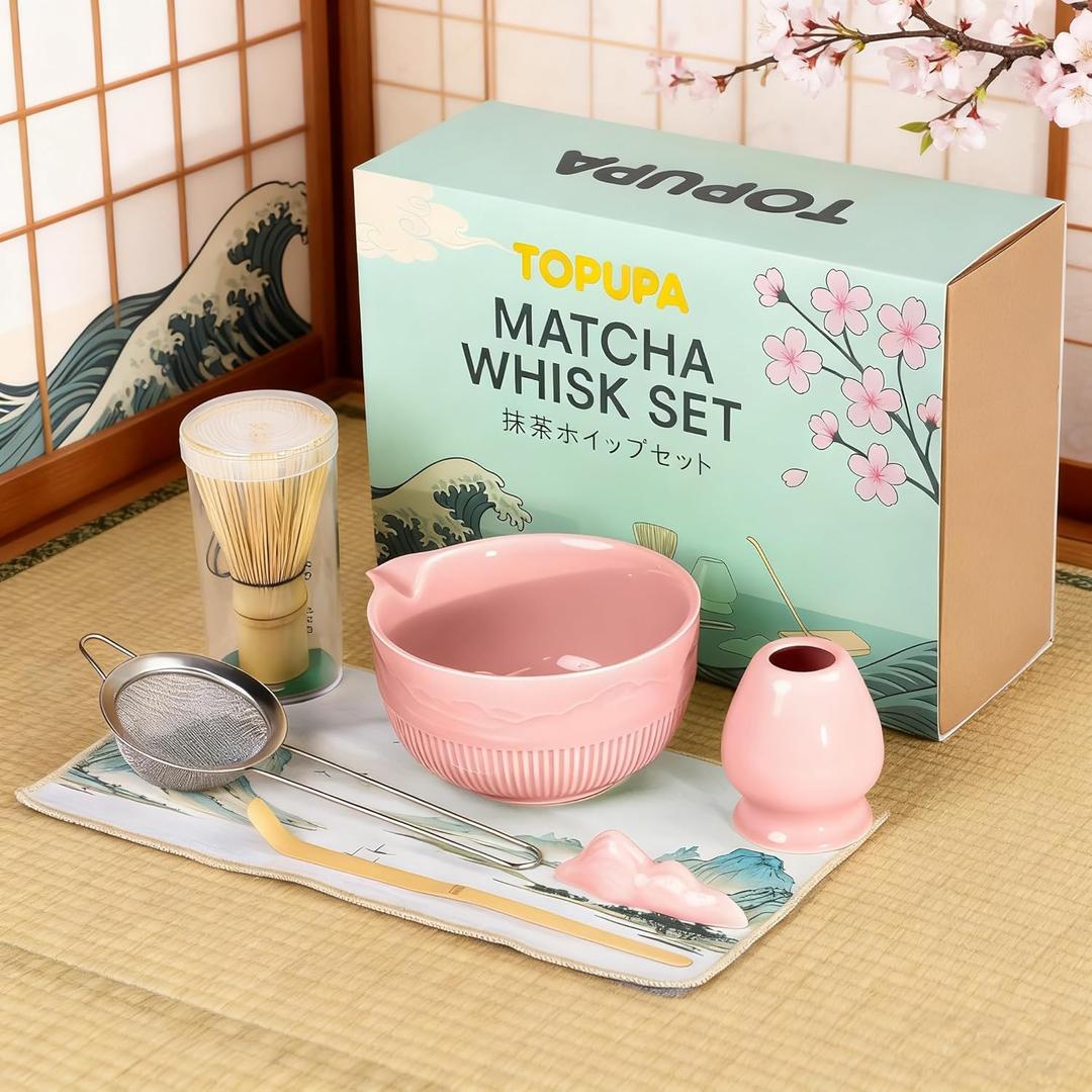 7PCs Pink Matcha Whisk Set Traditional Japanese Matcha Kit with Whisk and Bowl Matcha Making Accessories Bamboo Chasen Tea Spoon Holder Sifter Tea Towel Ceremony Macha Tea Set for Beginners