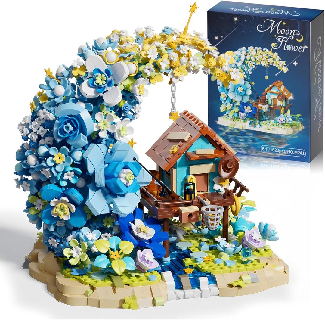 Moon Flower Mini Bricks Building Set, Fairy Cabin and Blue Flower Bouquet, Mini Building Blocks Botanical Collection Set, Unique Home Decor, Gift for Her and Him - 1622 Pcs Mini Bricks