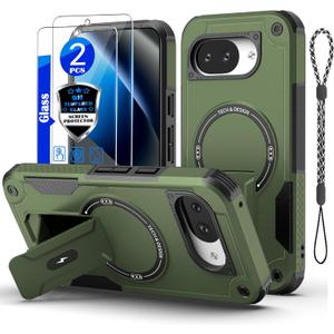 Google Pixel 10a case[Compatible with MagSafe][with (2 Pack) Tempered Glass Screen Protector][Built in Invisible Stand]Not Fadingmilitary-grade Shockproof Protective Phone Cover 6.3-inch(Green)
