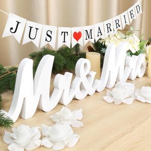 White Wooden Mr and Mrs Signs for Wedding Table, Wooden Wedding Table Signs for Ceremony and Reception - Centerpiece Decorations with Just Married Banner Gifts