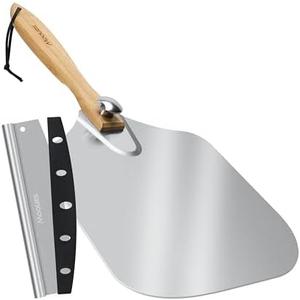 Mooues Pizza Peel Aluminum Pizza Spatula, Metal Pizza Paddle(14inx 16in) with Rocker Cutter Foldable Wood Handle, [Storage bag included], for Family Pizza Oven Baking Pizza, Dough, Bread & Pastry