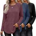 Ficerd 3 Pack Women's Long Sleeve T-Shirts Crew Neck Raglan Sleeve Casual Loose Fit Shirts Side Split Curved Hem Tunic Tops (X-Large, Black, Navy Blue, Dark Red)